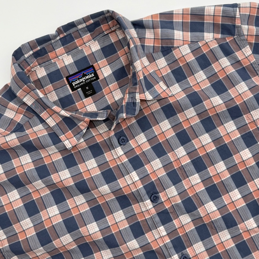 Patagonia Mens Organic Cotton Plaid Short Sleeve Button Down Shirt Blue Orange M